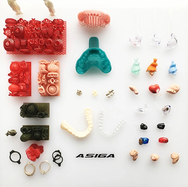 Wydruki 3D wykonane drukarką Asiga – modele dentystyczne, nakładki ortodontyczne, szablony chirurgiczne, protezy słuchu i elementy jubilerskie w technologii precyzyjnego druku 3D.